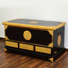 Embossed Handmade Mango Wooden Brass Fitted Storage Pitara Trunk (Black)