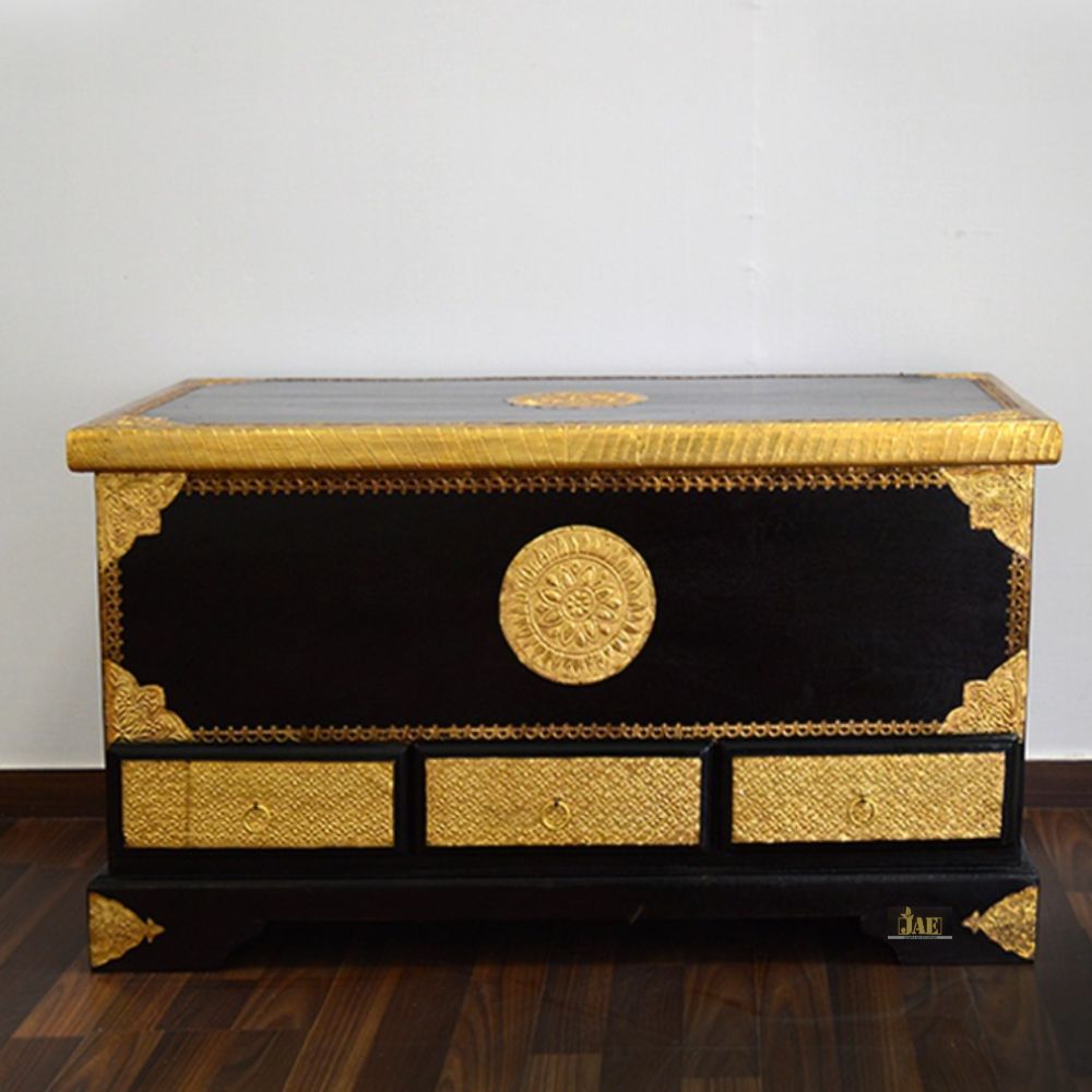 Embossed Handmade Mango Wooden Brass Fitted Storage Pitara Trunk (Black)