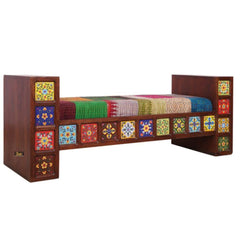 Moroccan Mosaic Mango Wood Tile Mosaic Sofa with Patchwork Cushion (Honey)