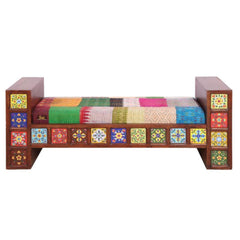 Moroccan Mosaic Mango Wood Tile Mosaic Sofa with Patchwork Cushion (Honey)