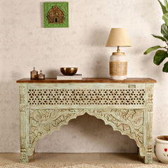 Mehrab Wooden Carved Entryway Console Table (Antique Light Green)