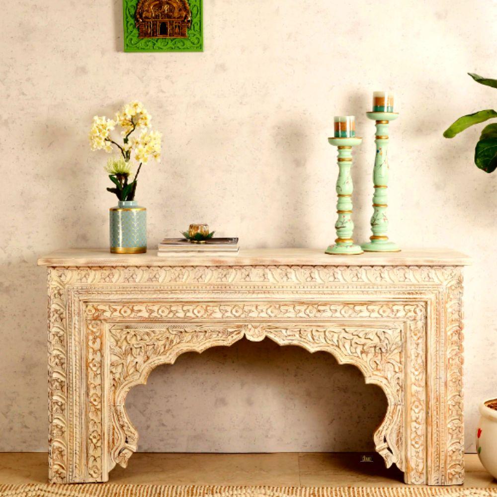 Mehrab Handmade Indian Furniture Wooden Carved Console Table (Cream Distress)