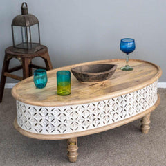 Bristol Hand Carved Indian Solid Wood Round Coffee Table (White Natural)