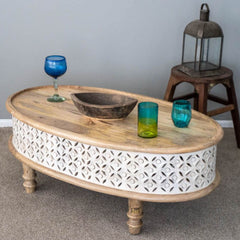 Bristol Hand Carved Indian Solid Wood Round Coffee Table (White Natural)