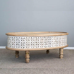 Bristol Hand Carved Indian Solid Wood Round Coffee Table (White Natural)