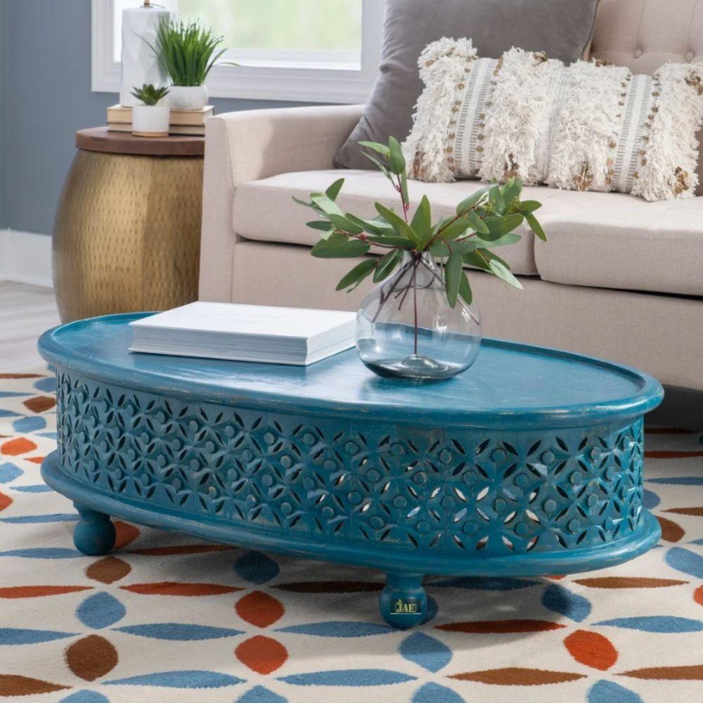 Bristol Hand Carved Indian Solid Wood Round Coffee Table (Blue Antique)