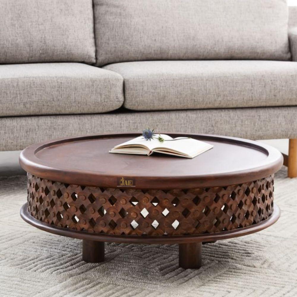 Bristol Hand Carved Indian Solid Wood Round Coffee Table in Brown Color 80Cms