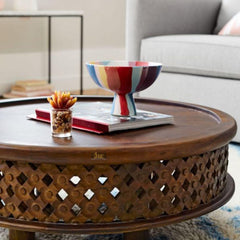 Bristol Hand Carved Indian Solid Wood Round Coffee Table in Brown Color 80Cms