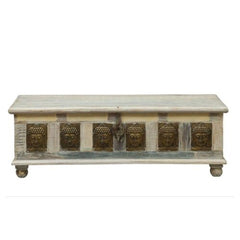 Embossed Handmade Mango Wood Trunk Coffee Table in Antique Finish (White Reclaimed)