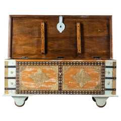 Embossed Handmade Mango Wood Brass Fitted Antique Pitara Trunk (Light Blue)