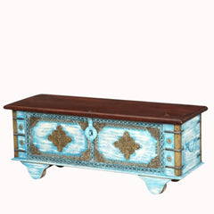 Embossed Handmade Mango Wood Storage Trunk cum Coffee Table (Light Blue Distress)