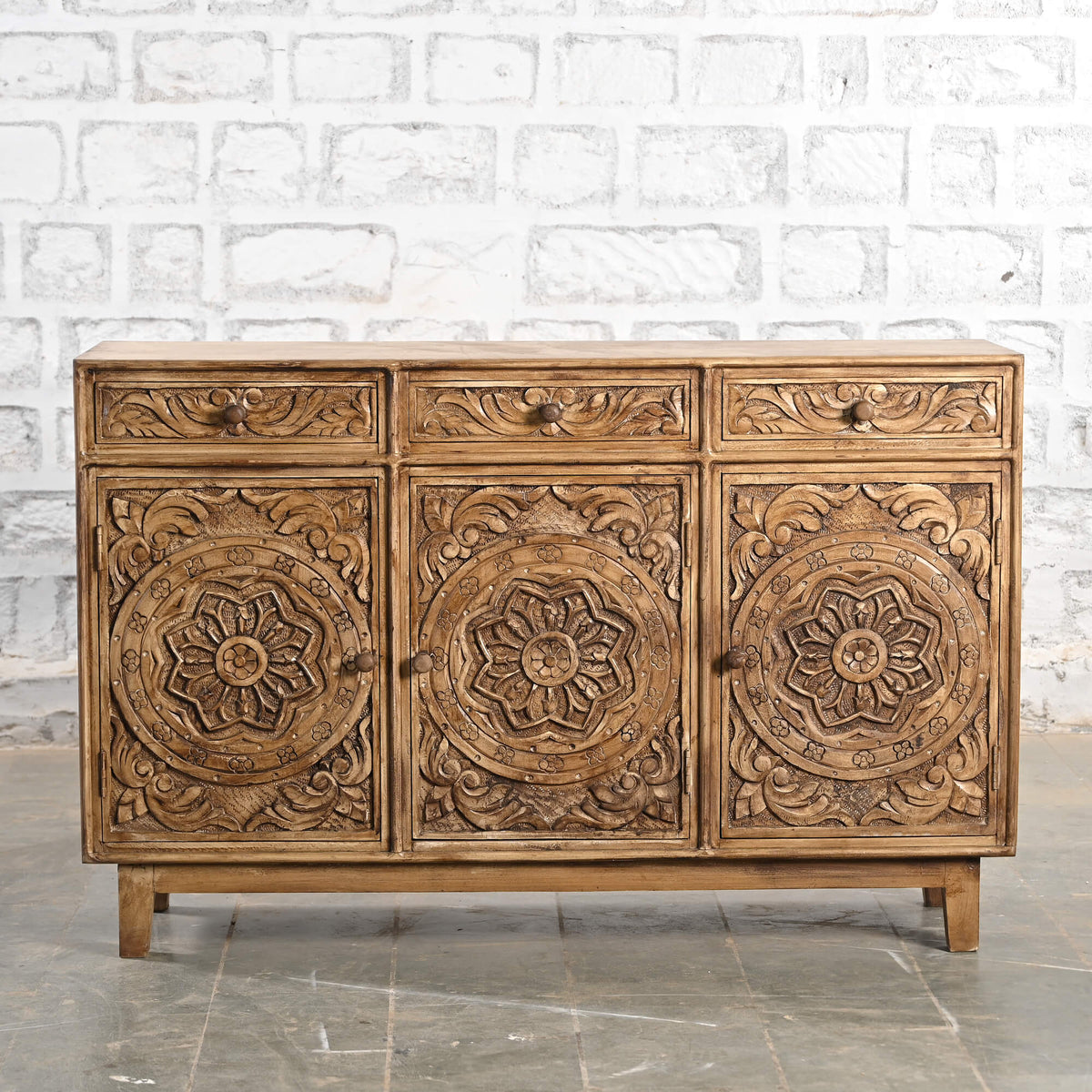 Indian Handmade Carved Solid Wood Sideboard Brown