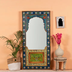 Carved Oasis Handpainted Floral Paintings Mehrab Style Mirror Frame Blue