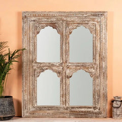 Carved Oasis Handmade Solid Mango Wood 4 Window Mirror Frame Rustic White