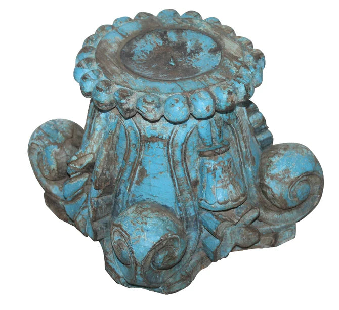 Antique Handcarved Old Pillar Candle Stand Blue