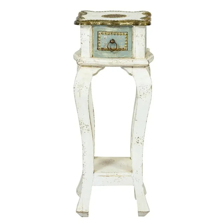 Indian Embossed Handmade Carved French Legged Stool in White