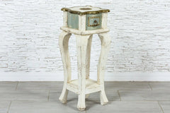 Indian Embossed Handmade Carved French Legged Stool in White