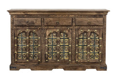 Brass Work Handmade Mango Wood Carved Sideboard in Antique Brown