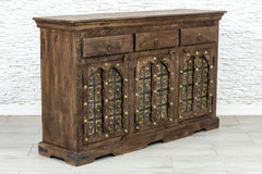 Brass Work Handmade Mango Wood Carved Sideboard in Antique Brown