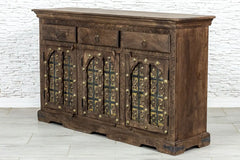 Brass Work Handmade Mango Wood Carved Sideboard in Antique Brown