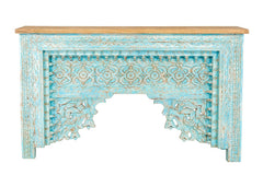 Urban Loft Handmade Solid Mango Wood Carved Console Hall Table With Top Rustic Blue