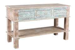 Urban Loft Handmade Solid Mango Wood Carved Console Hall Table in Rustic Colors