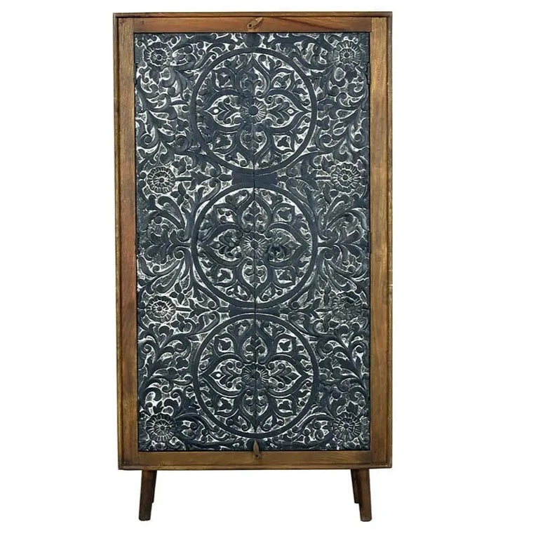 Urban Loft Handmade Solid Mango Wood Carved 2 Doors Cupboard Cabinet Black Wash