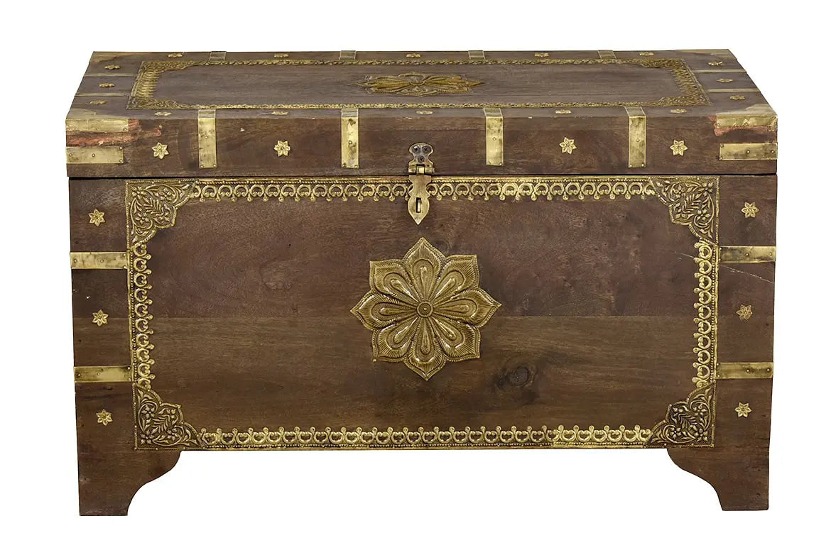 Indian Embossed Handmade Carved Brass Work Storage Chest Coffee Table