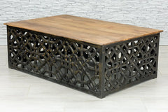 Urban Loft Handmade Solid Mango Wood Jali Carving Coffee Table With Natural Top