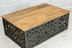 Urban Loft Handmade Solid Mango Wood Jali Carving Coffee Table With Natural Top