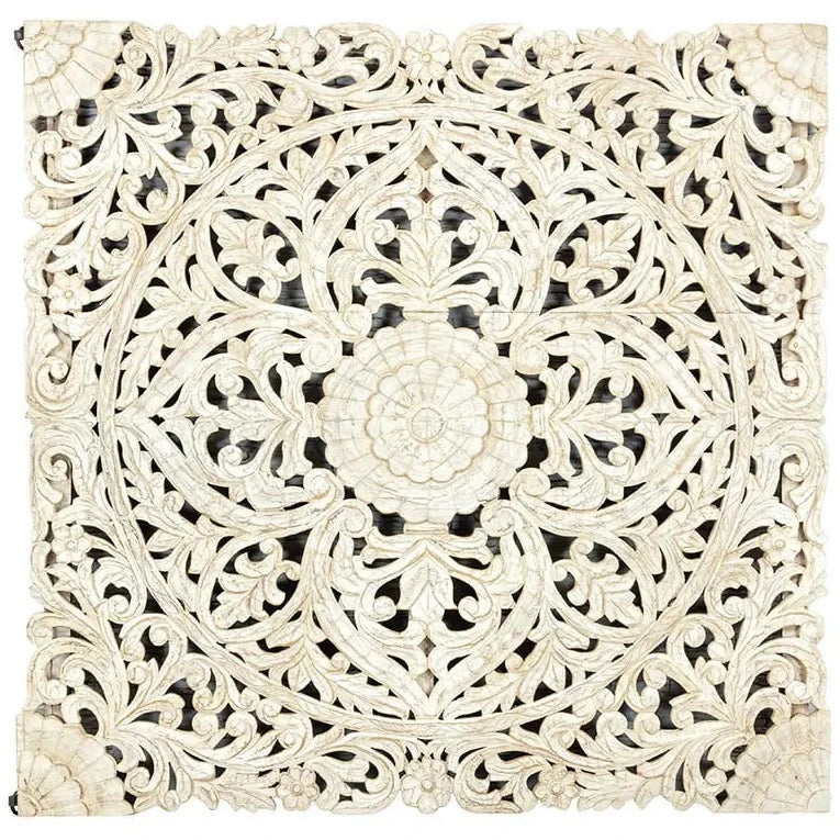 Urban Loft Handmade Solid Mango Wood Mandala Carving Wall Decor Panel Distressed White