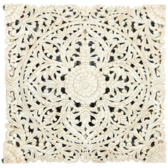 Urban Loft Handmade Solid Mango Wood Mandala Carving Wall Decor Panel Distressed White