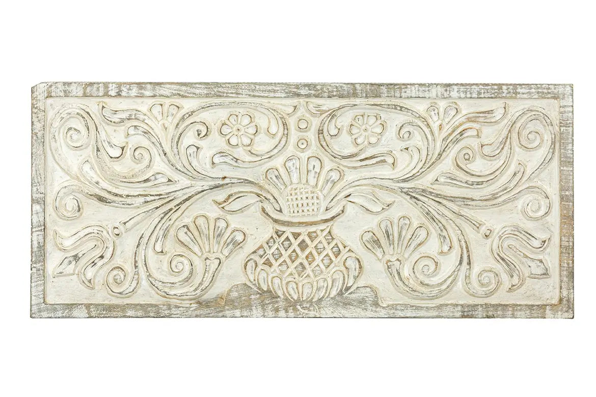 Urban Loft Handmade Solid Mango Wood Carved Wall Decor Panel Distressed White