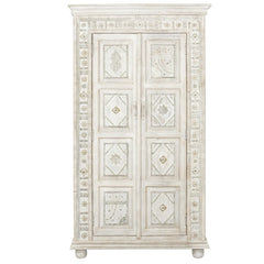 Urban Loft Handmade Solid Mango Wood Carved 2 Doors Cupboard Cabinet in White