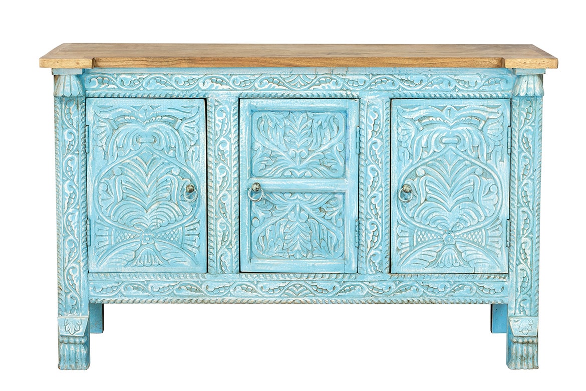 Urban Loft Handmade Solid Mango Wood Carved Sideboard in Rustic Blue