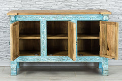 Urban Loft Handmade Solid Mango Wood Carved Sideboard in Rustic Blue