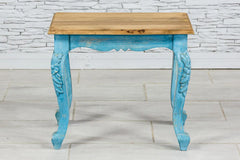 Urban Loft Old Door Handmade Solid Mango Wood Carved Coffee Table in Blue With Natural Top