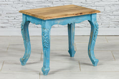 Urban Loft Old Door Handmade Solid Mango Wood Carved Coffee Table in Blue With Natural Top