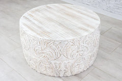 Urban Loft Handmade Solid Mango Wood Carved Coffee Table Distressed White