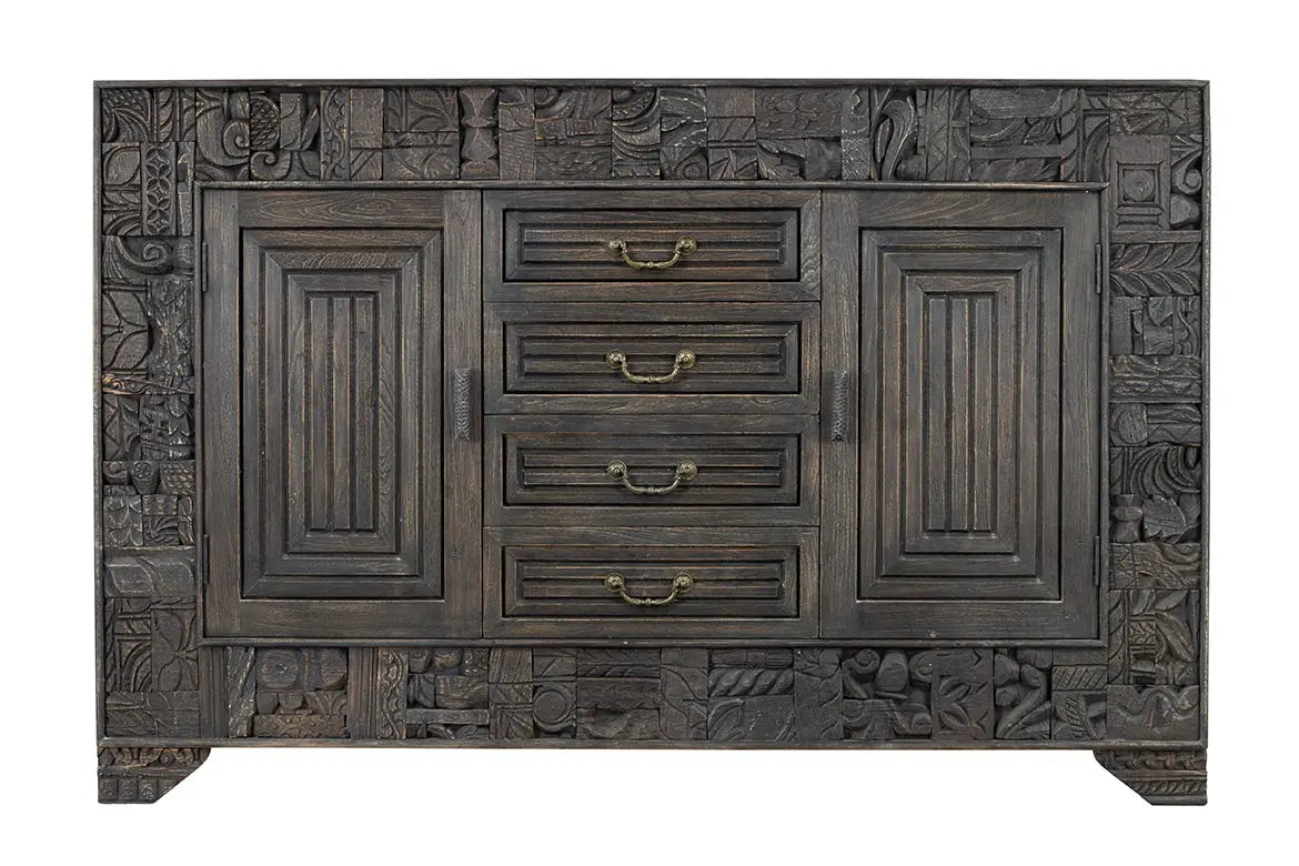 Urban Loft Handmade Solid Mango Wood Carved Sideboard in Black