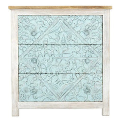 Urban Loft Handmade Solid Mango Wood Carved Chest of Drawers in Blue White