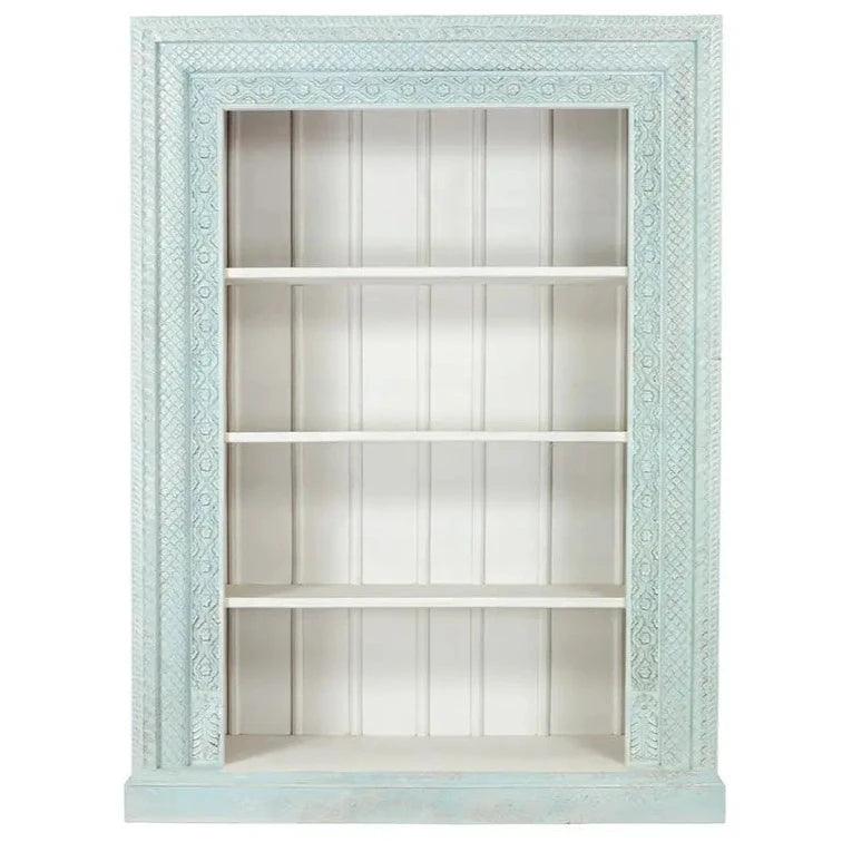 Urban Loft Handmade Solid Mango Wood Carved Bookshelf Rustic Blue