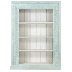 Urban Loft Handmade Solid Mango Wood Carved Bookshelf Rustic Blue