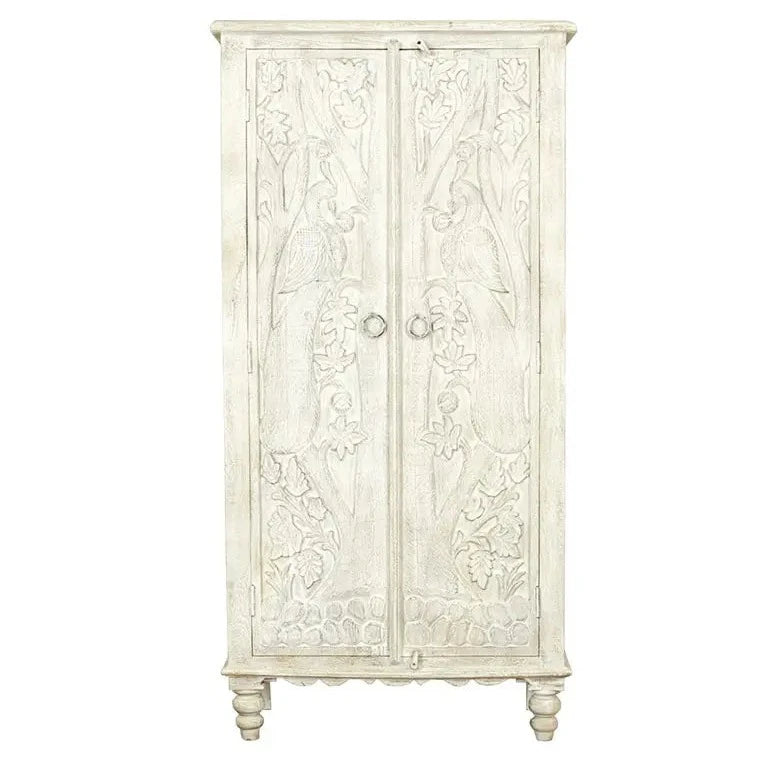 Urban Loft Handmade Solid Mango Wood Carved 2 Doors Cupboard Cabinet in White