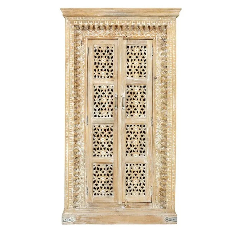 Urban Loft Handmade Solid Mango Wood Jali Carving Cupboard Cabinet Natural