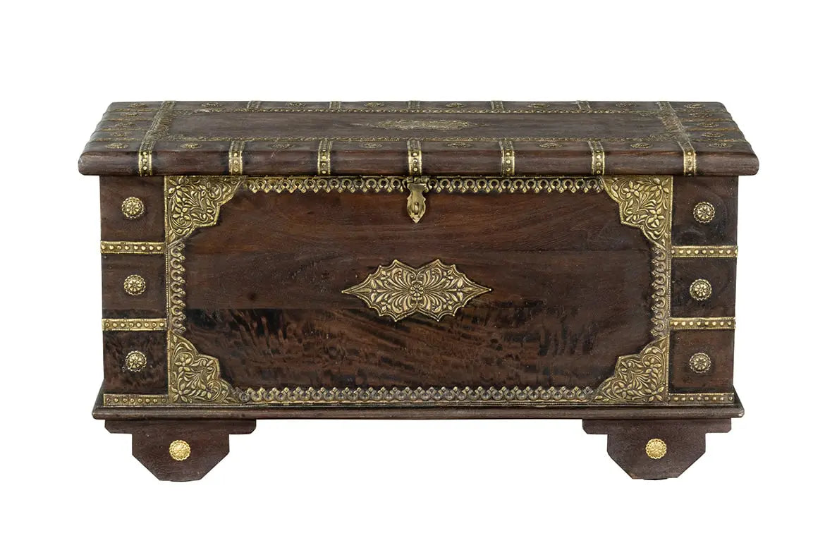 Handmade Indian Furniture Solid Hard Wood Storage Chest With Brass Fittings Brown