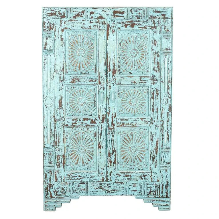 Urban Loft Handmade Solid Mango Wood Floral Carved Cupboard Cabinet in Antique Blue