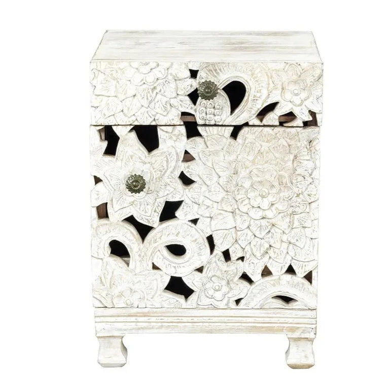 Urban Loft Handmade Solid Mango Wood Carved Bedside Table in White