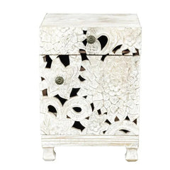 Urban Loft Handmade Solid Mango Wood Carved Bedside Table in White