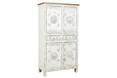 Urban Loft Handmade Solid Mango Wood Floral Carved Cupboard Cabinet Distressed White